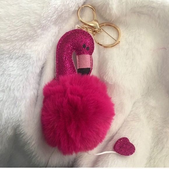 LAST ONE! Glitter Hot Pink Fuzzy Pom Pom Flamingo Keychain - Picture 2 of 5